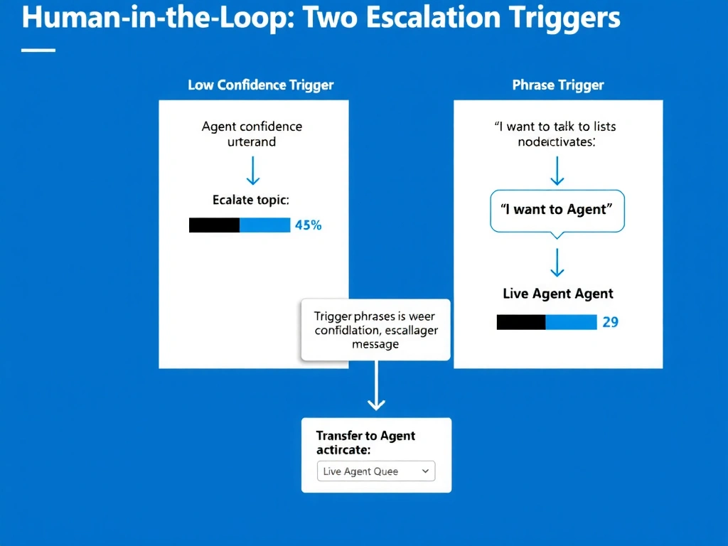 Portrait 1536x2048 infographic titled 'Human-in-the-Loop: Two Escalation Triggers'. Split into two parallel flow lanes. Left lane labeled 'Low Confidence Trigger': shows agent processing utterance, confidence meter showing 45% (below 50% threshold), system topic 'Escalate' fires, Transfer to Agent node activates. Right lane labeled 'Phrase Trigger': shows user message bubble 'I want to talk to a human', topic with trigger phrases list fires, same Transfer to Agent node activates. Both lanes merge at a 'Live Agent Queue' box at the bottom. A callout shows the Transfer to Agent node configuration with escalation message field. Style: clean Microsoft blue-white, flow arrows, UI mockup elements, labeled components.