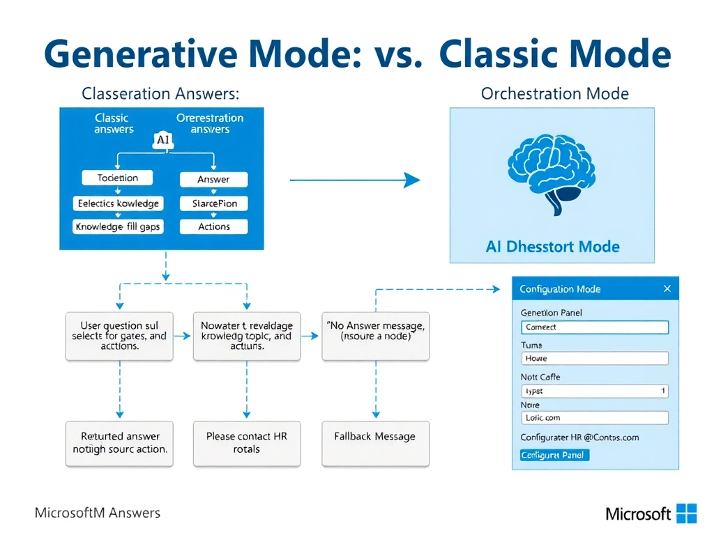 Portrait 1536x2048 infographic titled 'Generative Answers: Orchestration Mode vs Classic Mode'. Top half shows two mode cards side by side: left card 'Classic Mode' shows topic tree flowchart with generative answers filling gaps; right card 'Orchestration Mode' shows AI brain icon dynamically selecting from knowledge, topics, and actions. Bottom half zooms into Orchestration Mode flow: user question arrow, AI orchestrator evaluating SharePoint knowledge base, two outcome paths: 'Answer Found' path returns generated answer with source citation; 'No Answer Found' path routes to fallback message node labeled 'Please contact HR at hr@contoso.com'. Configuration panel UI mockup shown on the right with Fallback Message field highlighted. Style: clean Microsoft blue-white, flow arrows, labeled components.