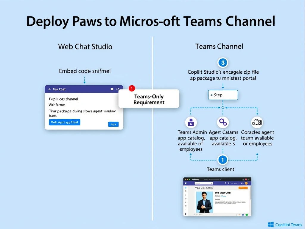 Portrait 1536x2048 infographic titled 'Deploying to Microsoft Teams vs Web Chat'. Two parallel columns. Left column 'Web Chat Channel': Copilot Studio publish button, embed code snippet, website iframe showing agent chat window — simple 3-step flow. Right column 'Teams Channel': Copilot Studio publish button, app package zip file with manifest icon, Teams Admin Center submission portal, organizational Teams app catalog showing agent icon available to employees — 4-step flow. A callout box highlights the Teams Admin Center step as 'Teams-Only Requirement'. Bottom shows Teams client screenshot mockup with agent visible in sidebar. Style: clean Microsoft blue-white, step numbers, labeled icons, comparison layout.