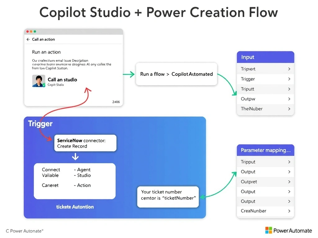 Portrait 1536x2048 infographic titled 'Copilot Studio + Power Automate: Ticket Creation Flow'. Top shows Copilot Studio topic canvas with agent collecting three variables: name, email, issueDescription. Arrow points to 'Call an action' node. Center shows Power Automate flow with: trigger labeled 'Run a flow from Copilot Studio' with three input parameters (name, email, issueDescription), ServiceNow connector action labeled 'Create Record', and output parameter labeled 'ticketNumber'. Arrow returns to Copilot Studio showing agent displaying 'Your ticket number is {ticketNumber}' to user. Right side shows parameter mapping table. Style: clean Microsoft Power Automate purple and blue-white, labeled flow nodes, input/output parameter callouts, flow arrows.