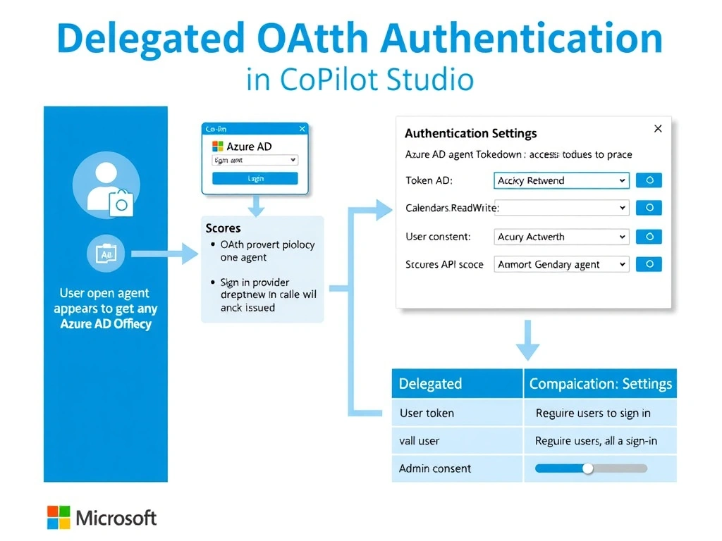 Portrait 1536x2048 infographic titled 'Delegated OAuth Authentication in Copilot Studio'. Left column shows 'Delegated OAuth Flow': user opens agent, sign-in prompt appears, Azure AD login dialog, user consents to Calendars.ReadWrite scope, access token issued to agent. Center shows token flowing into Microsoft Graph API call with user-specific calendar data returned. Right column shows 'Authentication Settings' UI mockup in Copilot Studio with OAuth provider dropdown showing Azure AD, Scopes field showing Calendars.ReadWrite, and 'Require users to sign in' toggle enabled. Bottom comparison table: Delegated (user token, per-user) vs Application (app token, all users, admin consent). Style: clean Microsoft Azure blue-white, OAuth flow diagram, labeled UI elements.