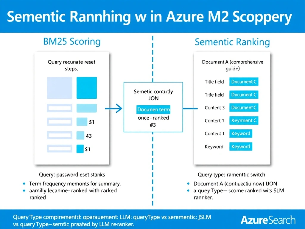 Portrait 1536x2048 infographic titled 'Semantic Ranking vs BM25 Scoring in Azure AI Search'. Left panel 'BM25 Scoring': shows query 'password reset steps', term frequency bar chart ranking three documents, Document C (mentions term once in summary) ranked #1, Document A (comprehensive guide) ranked #3 — labeled 'Incorrect Order'. Right panel 'Semantic Ranking': same three documents fed into language model re-ranker, Document A (comprehensive) now ranked #1, semantic score labels on each document. Center shows semantic configuration JSON: title field, content field, keyword field. Bottom shows query type parameter switch: queryType=simple vs queryType=semantic. Style: clean Azure blue-white, side-by-side comparison, document rank order visualization, labeled LLM re-ranker component.