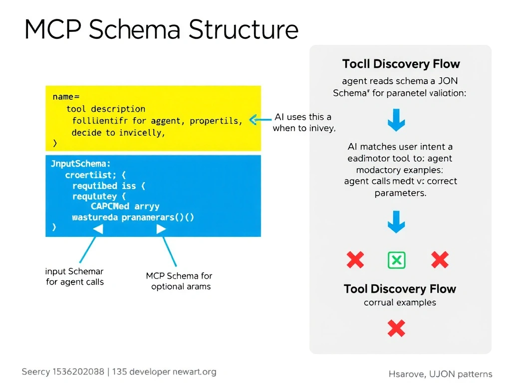 Portrait 1536x2048 infographic titled 'MCP Tool Schema Structure'. Center shows a large annotated JSON code block with colored highlighting: 'name' field highlighted yellow, 'description' field highlighted green, 'inputSchema' section highlighted blue with 'properties' and 'required' array visible. Callout arrows from each highlighted section explain: name=tool identifier for agent calls; description=AI uses this to decide when to invoke; inputSchema=JSON Schema for parameter validation; required array=mandatory vs optional params. Right sidebar shows a 'Tool Discovery Flow': MCP server manifest, agent reads schema, AI matches user intent to tool description, agent calls tool with correct parameters. Bottom shows three incorrect schema patterns as red X examples. Style: clean developer documentation style, syntax-highlighted JSON, labeled callout arrows, flow diagram.