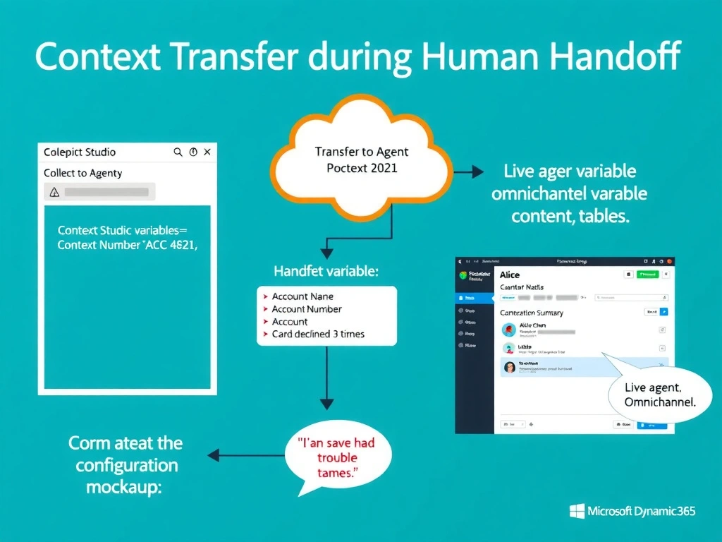 Portrait 1536x2048 infographic titled 'Context Transfer During Human Handoff'. Left panel shows Copilot Studio topic canvas with collected variables: customerName='Alice Chen', accountNumber='ACC-4821', issueSummary='Card declined 3 times'. Arrow points to 'Transfer to Agent' node with context variable mapping table. Center shows Omnichannel routing cloud with handoff payload containing context keys. Right panel shows live agent Omnichannel interface with Conversation Summary panel displaying: Customer Name: Alice Chen, Account: ACC-4821, Issue: Card declined 3 times. Live agent speech bubble: 'I can see you had trouble with your card, Alice.' Bottom shows context variable configuration UI mockup. Style: clean Microsoft Dynamics 365 teal and blue-white, flow arrows, UI mockups, labeled data fields.