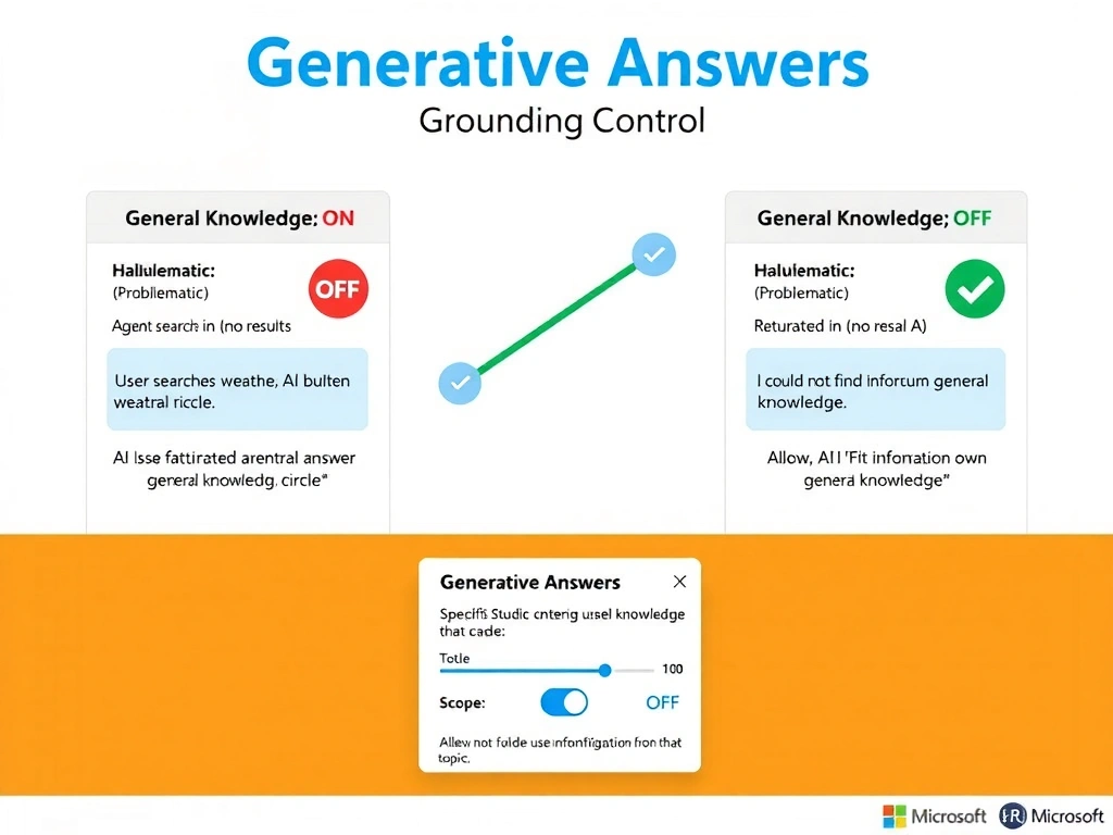 Portrait 1536x2048 infographic titled 'Generative Answers: Grounding Control'. Left panel 'General Knowledge ON (Problematic)': user asks about weather, agent searches SharePoint (no results), AI uses built-in knowledge, returns fabricated weather answer, warning icon labeled 'Hallucination Risk'. Right panel 'General Knowledge OFF (Correct)': user asks about weather, agent searches SharePoint (no results), no fallback to general AI, returns 'I could not find information on that topic' with fallback message. Center shows Copilot Studio generative answers configuration panel UI mockup with toggle 'Allow AI to use own general knowledge' in OFF position highlighted. Bottom shows a scope diagram: SharePoint knowledge circle vs AI general knowledge circle, with toggle controlling which sources are used. Style: clean Microsoft blue-white, split comparison panels, UI mockup, warning icons vs checkmarks.