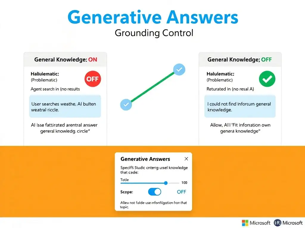 Portrait 1536x2048 infographic titled 'Generative Answers: Grounding Control'. Left panel 'General Knowledge ON (Problematic)': user asks about weather, agent searches SharePoint (no results), AI uses built-in knowledge, returns fabricated weather answer, warning icon labeled 'Hallucination Risk'. Right panel 'General Knowledge OFF (Correct)': user asks about weather, agent searches SharePoint (no results), no fallback to general AI, returns 'I could not find information on that topic' with fallback message. Center shows Copilot Studio generative answers configuration panel UI mockup with toggle 'Allow AI to use own general knowledge' in OFF position highlighted. Bottom shows a scope diagram: SharePoint knowledge circle vs AI general knowledge circle, with toggle controlling which sources are used. Style: clean Microsoft blue-white, split comparison panels, UI mockup, warning icons vs checkmarks.