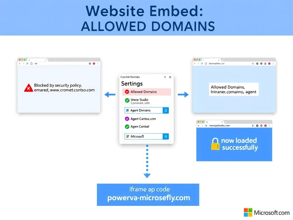Portrait 1536x2048 infographic titled 'Website Embed: Allowed Domains Configuration'. Left side shows browser security error icon with message 'Blocked by security policy' on www.contoso.com and intranet.contoso.com — both showing red X on agent chat widget. Arrow points to Copilot Studio channel settings UI mockup in center showing 'Allowed Domains' section with two entries added: www.contoso.com and intranet.contoso.com, green checkmarks next to each. Right side shows both websites now displaying the agent chat widget with green checkmark 'Agent loaded successfully'. Bottom shows iframe embed code snippet with powerva.microsoft.com domain visible. Style: clean Microsoft blue-white, UI mockup panels, browser window mockups, security lock icons, flow arrows.
