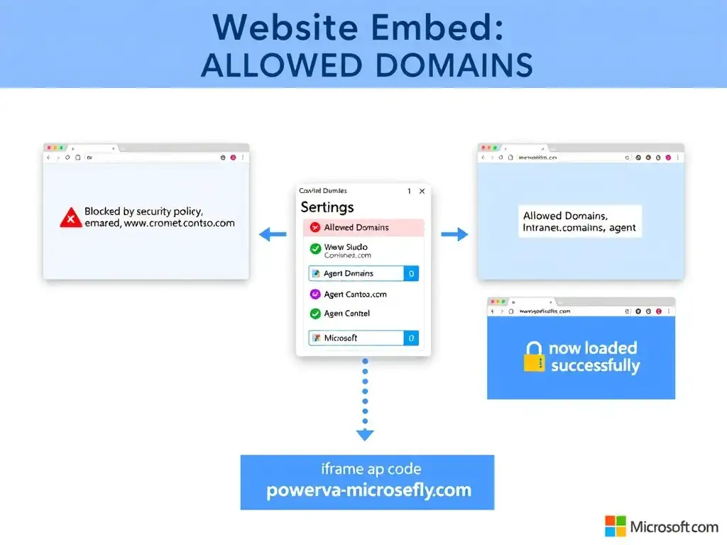 Portrait 1536x2048 infographic titled 'Website Embed: Allowed Domains Configuration'. Left side shows browser security error icon with message 'Blocked by security policy' on www.contoso.com and intranet.contoso.com — both showing red X on agent chat widget. Arrow points to Copilot Studio channel settings UI mockup in center showing 'Allowed Domains' section with two entries added: www.contoso.com and intranet.contoso.com, green checkmarks next to each. Right side shows both websites now displaying the agent chat widget with green checkmark 'Agent loaded successfully'. Bottom shows iframe embed code snippet with powerva.microsoft.com domain visible. Style: clean Microsoft blue-white, UI mockup panels, browser window mockups, security lock icons, flow arrows.