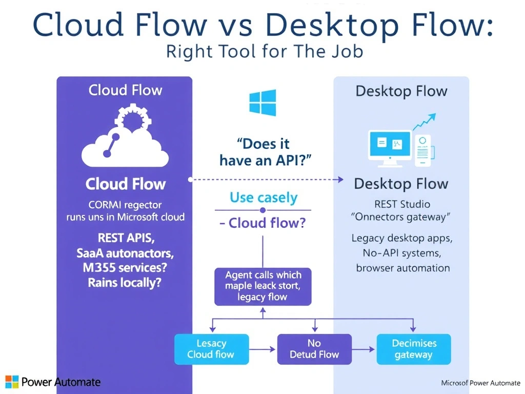 Portrait 1536x2048 infographic titled 'Cloud Flow vs Desktop Flow: Right Tool for the Job'. Two columns side by side. Left column 'Cloud Flow': cloud icon, REST API connector icon, CRM system, Copilot Studio trigger arrow, runs in Microsoft cloud, use cases list: REST APIs, SaaS connectors, M365 services. Right column 'Desktop Flow': Windows desktop machine icon, legacy application screenshot mockup, UI automation robot icon, on-premises gateway, runs locally, use cases list: legacy desktop apps, no-API systems, browser automation. Center divider shows decision tree: 'Does it have an API?' — Yes=Cloud Flow, No=Desktop Flow. Bottom shows combined architecture: agent calls cloud flow which calls desktop flow via gateway for legacy system. Style: clean Microsoft Power Automate purple and blue-white, decision tree, use case lists, architecture diagram.