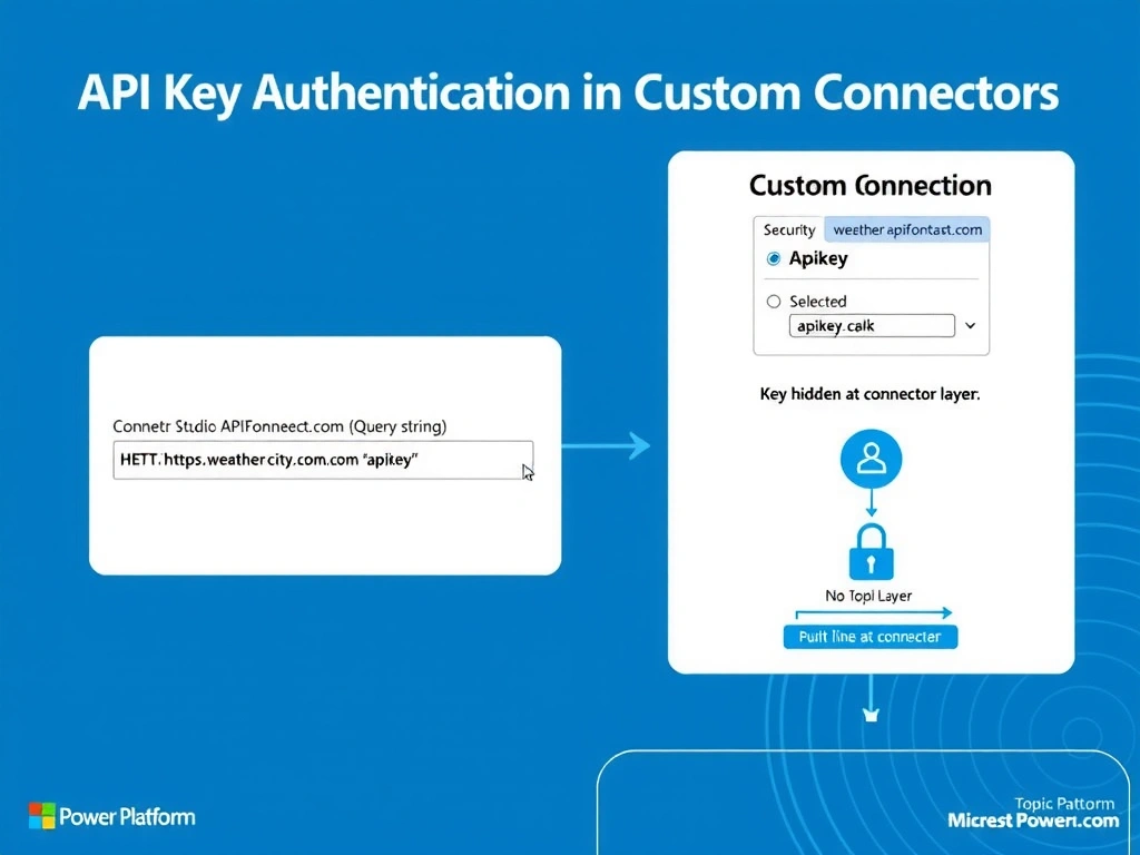 Portrait 1536x2048 infographic titled 'API Key Authentication in Custom Connectors'. Center shows custom connector definition UI mockup with Security tab selected, Authentication type dropdown showing 'API Key' selected, Parameter name field showing 'apikey', Parameter location showing 'Query string'. Left side shows the resulting HTTP request: GET https://weather-api.contoso.com/forecast?city=Seattle&apikey=••••••••••• with API key value masked. Right side shows what is NOT visible: Copilot Studio topic canvas with connector action node, no API key field visible, labeled 'Key hidden at connector layer'. Bottom shows three-layer security stack: Topic Layer (no credentials), Connector Layer (auth config), Connection Layer (encrypted key storage). Style: clean Microsoft Power Platform blue-white, UI mockup, HTTP request diagram, security layer stack.