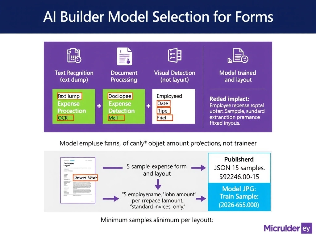 Portrait 1536x2048 infographic titled 'AI Builder Model Selection for Forms'. Top row shows four model cards: Text Recognition (OCR text dump, no structure), Document Processing (highlighted green, field extraction, fixed layout), Object Detection (visual object detection, not forms), Prebuilt Invoice (standard invoices only). Center section zooms into Document Processing training flow: 5 sample expense report images uploaded, labeling interface with selection boxes drawn around Employee Name, Date, Amount, Department fields, model trained and published. Bottom shows: input JPG expense form, model outputs JSON: {employeeName: 'John Smith', amount: '$245.00', date: '2026-07-15'}. Minimum samples callout: '5 samples minimum per layout'. Style: clean Microsoft Power Apps purple and blue-white, model cards, training flow diagram, JSON output panel.
