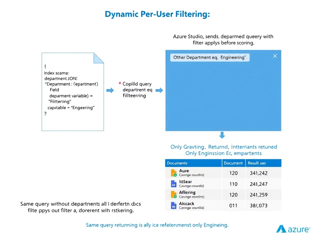 Portrait 1536x2048 infographic titled 'Azure AI Search: Dynamic Per-User Filtering'. Left column shows index schema JSON with 'department' field highlighted, filterable property set to true. Center column shows query flow: user authenticated, department variable = 'Engineering' captured, Copilot Studio sends search query with filter: department eq 'Engineering', Azure AI Search applies filter before scoring. Right column shows results panel: only Engineering department documents returned, other department docs filtered out (shown as grayed-out with strikethrough). Bottom comparison: same query without filter returning all departments, vs with filter returning only Engineering — side by side result counts. Style: clean Azure blue-white, JSON schema snippet, flow diagram, result panels with document icons.