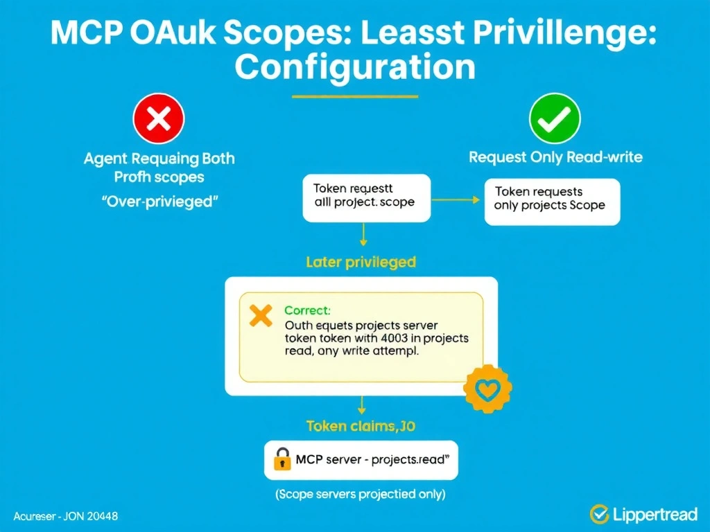 Portrait 1536x2048 infographic titled 'MCP OAuth Scopes: Least Privilege Configuration'. Left side shows 'Wrong: Requesting Both Scopes' with red X: agent requests projects.read + projects.write, token contains both scopes, write operations possible, labeled 'Over-privileged'. Right side shows 'Correct: Request Only Read Scope' with green checkmark: agent requests only projects.read, authorization server issues token with only projects.read scope, MCP server returns 403 Insufficient Scope on any write attempt, labeled 'Least Privilege'. Center shows OAuth flow diagram: agent → authorization server (scope request) → token with scope claims → MCP server scope validation. Bottom shows token claims JSON with scope field highlighted showing 'projects.read' only. Style: clean Azure blue-white, left-right comparison, OAuth flow arrows, token JSON snippet, security icons.