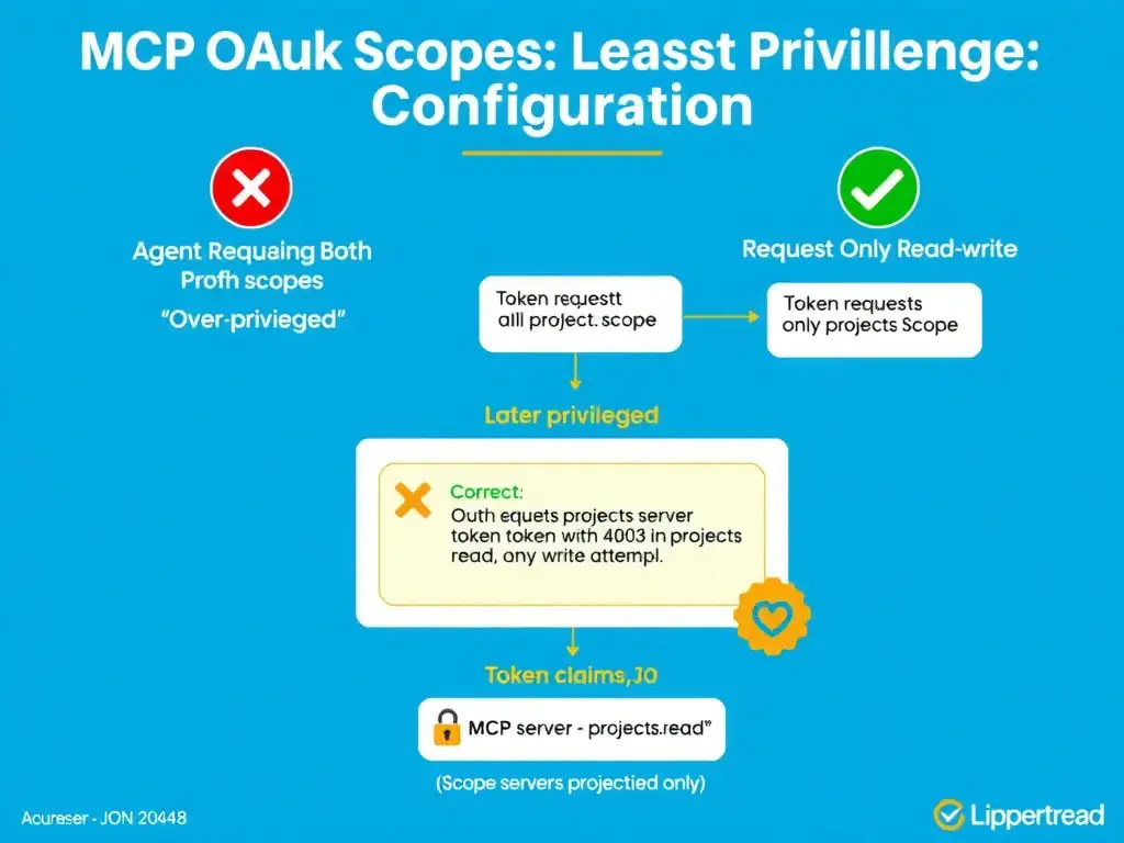 Portrait 1536x2048 infographic titled 'MCP OAuth Scopes: Least Privilege Configuration'. Left side shows 'Wrong: Requesting Both Scopes' with red X: agent requests projects.read + projects.write, token contains both scopes, write operations possible, labeled 'Over-privileged'. Right side shows 'Correct: Request Only Read Scope' with green checkmark: agent requests only projects.read, authorization server issues token with only projects.read scope, MCP server returns 403 Insufficient Scope on any write attempt, labeled 'Least Privilege'. Center shows OAuth flow diagram: agent → authorization server (scope request) → token with scope claims → MCP server scope validation. Bottom shows token claims JSON with scope field highlighted showing 'projects.read' only. Style: clean Azure blue-white, left-right comparison, OAuth flow arrows, token JSON snippet, security icons.