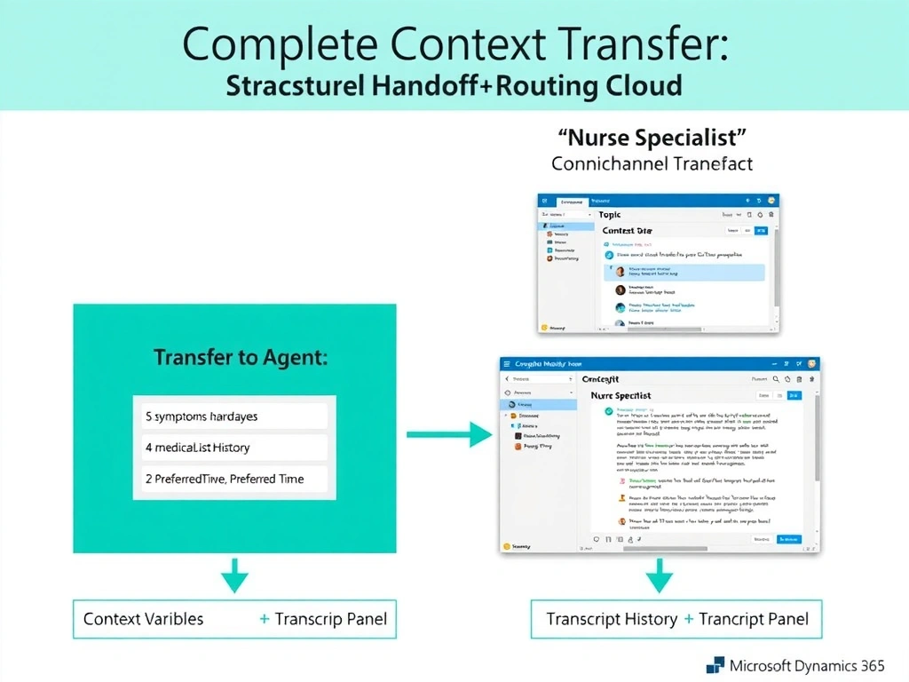Portrait 1536x2048 infographic titled 'Complete Context Transfer: Structured Data + Transcript'. Left panel shows Copilot Studio topic with Transfer to Agent node, context variables configured: symptomList, medicalHistory, preferredTime with variable mappings. Center shows Omnichannel handoff routing cloud. Right panel shows nurse specialist Omnichannel interface with two panels: top panel 'Conversation Summary' showing labeled fields (Symptoms: headache, fever; History: hypertension; Preferred Time: 2pm); bottom panel 'Conversation Transcript' showing full chat history scroll. Both panels labeled with their data source. Bottom shows data flow: Context Variables → Summary Panel, Transcript History → Transcript Panel. Style: clean Microsoft Dynamics 365 teal and blue-white, UI interface mockups, labeled panels, data flow arrows.