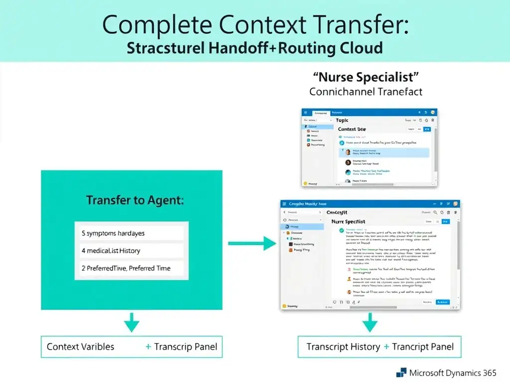 Portrait 1536x2048 infographic titled 'Complete Context Transfer: Structured Data + Transcript'. Left panel shows Copilot Studio topic with Transfer to Agent node, context variables configured: symptomList, medicalHistory, preferredTime with variable mappings. Center shows Omnichannel handoff routing cloud. Right panel shows nurse specialist Omnichannel interface with two panels: top panel 'Conversation Summary' showing labeled fields (Symptoms: headache, fever; History: hypertension; Preferred Time: 2pm); bottom panel 'Conversation Transcript' showing full chat history scroll. Both panels labeled with their data source. Bottom shows data flow: Context Variables → Summary Panel, Transcript History → Transcript Panel. Style: clean Microsoft Dynamics 365 teal and blue-white, UI interface mockups, labeled panels, data flow arrows.