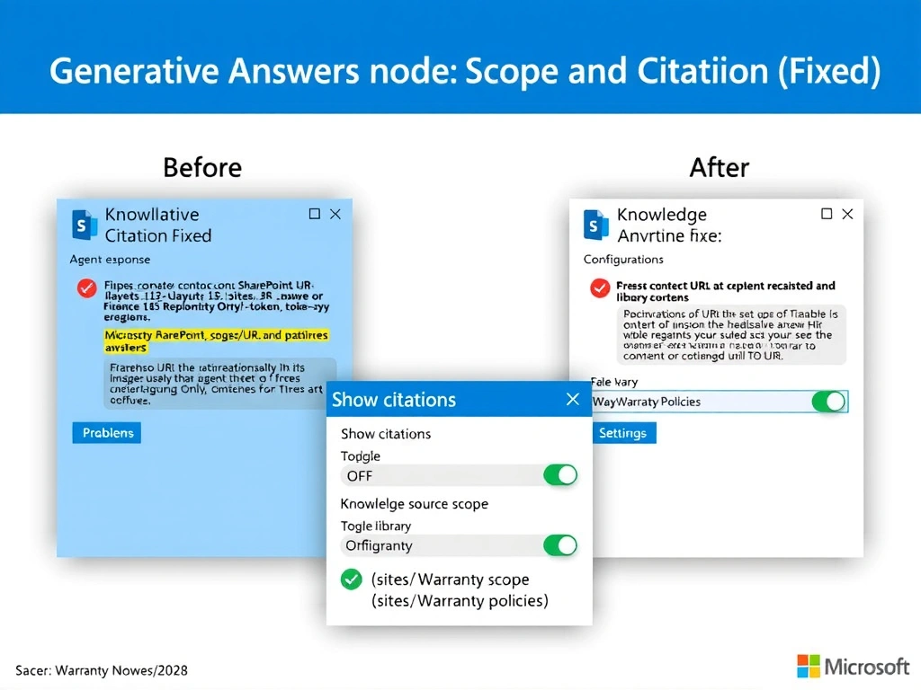 Portrait 1536x2048 infographic titled 'Generative Answers Node: Scope and Citation Config'. Left panel 'Before Configuration (Problems)': agent response showing raw SharePoint URL citation (https://contoso.sharepoint.com/sites/HR/layouts/15/...?token=xyz), response including content from HR and Finance libraries — red warning icons. Right panel 'After Configuration (Fixed)': agent response showing clean warranty answer with no citation URLs, only Warranty library content used — green checkmarks. Center shows Generative Answers node configuration panel UI mockup with two highlighted settings: 'Show citations' toggle set to OFF, 'Knowledge source scope' field showing specific library path /sites/Warranty/WarrantyPolicies. Style: clean Microsoft blue-white, UI mockup panels, before/after comparison, configuration callouts.