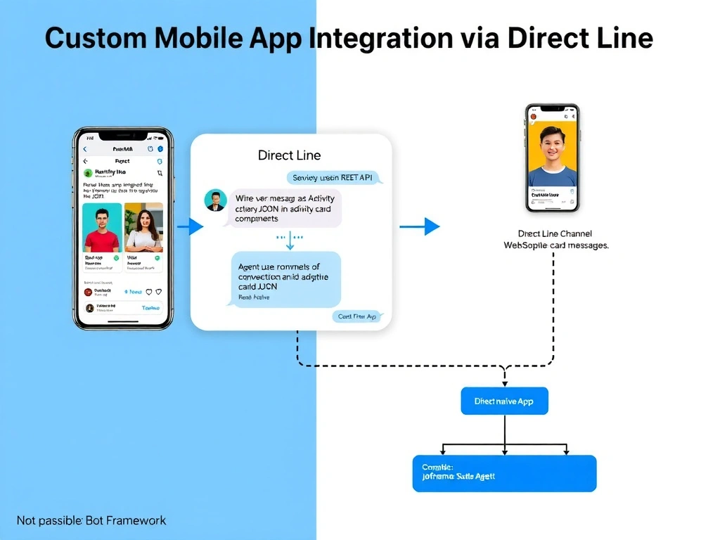 Portrait 1536x2048 infographic titled 'Custom Mobile App Integration via Direct Line'. Left shows React Native mobile app mockup with native chat UI showing adaptive card rendered using React Native components. Center shows Direct Line connection: app sends user message as Activity JSON via Direct Line REST API, agent in Copilot Studio processes request, agent returns response with adaptive card payload JSON, app renders adaptive card natively. Right side shows Direct Line session management: conversation token, conversation ID, WebSocket connection for real-time messages. Bottom shows architecture diagram: React Native App ↔ Direct Line Channel ↔ Copilot Studio Agent. Comparison note: 'Not possible: iframe in React Native'. Style: clean Microsoft Bot Framework blue-white, mobile mockup, JSON activity format, architecture diagram with labeled components.