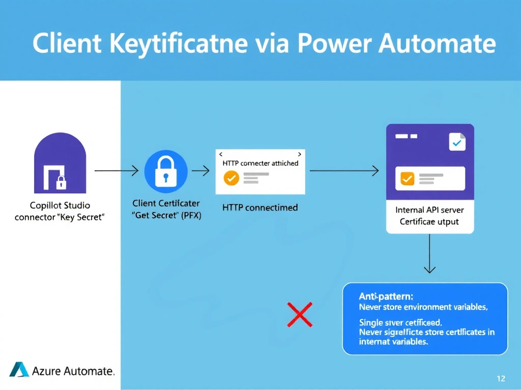 Portrait 1536x2048 infographic titled 'Client Certificate Authentication via Power Automate'. Left shows Copilot Studio agent calling Power Automate flow. Center shows Power Automate flow with three steps: Step 1 - Key Vault connector 'Get Secret' action retrieving certificate (PFX), Key Vault icon with lock; Step 2 - HTTP connector action with certificate attached, mutual TLS handshake diagram; Step 3 - API response returned as flow output. Right shows Internal API server with certificate verification checkmark. Bottom shows security architecture: certificate never in agent memory, Key Vault as single source of truth, Power Automate as secure intermediary layer. Anti-pattern box (red X): 'Never store certificates in environment variables'. Style: clean Azure Key Vault blue-white and Power Automate purple, flow diagram, TLS handshake icon, security tier labels.