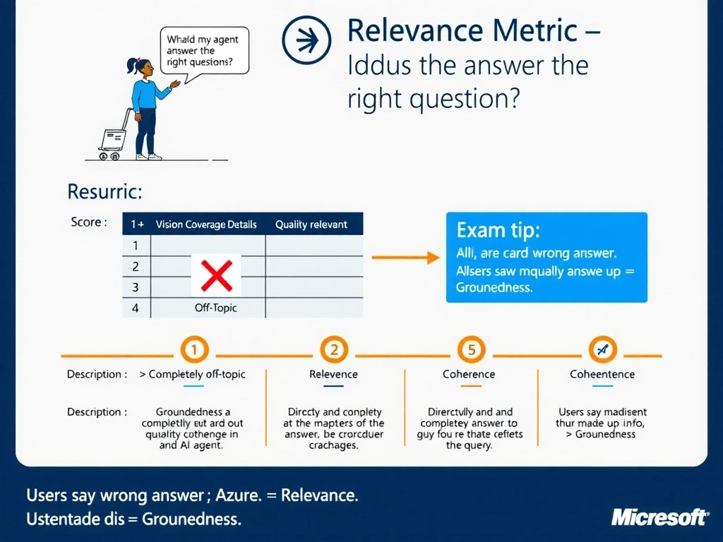 Portrait infographic 1536x2048. Title: 'Relevance Metric — Did the Agent Answer the Right Question?' Top: a user chat bubble asking 'What is my dental coverage?' with an arrow pointing to an AI agent. The agent sends back a response bubble about 'Vision Coverage Details' with a large red X labeled 'Off-Topic'. Middle section: a scoring rubric table with columns 'Score' (1-5) and 'Description', showing 1=Completely off-topic, 3=Partially relevant, 5=Directly and completely answers the query. Below that: a side-by-side comparison of all four Azure AI Foundry quality metrics — Groundedness, Relevance, Fluency, Coherence — each with a one-line definition and a simple icon. Relevance card highlighted in blue. Bottom: exam tip box: 'Users say wrong answer = Relevance. Users say made-up info = Groundedness.' Clean Microsoft tech documentation style, navy blue and orange accents.