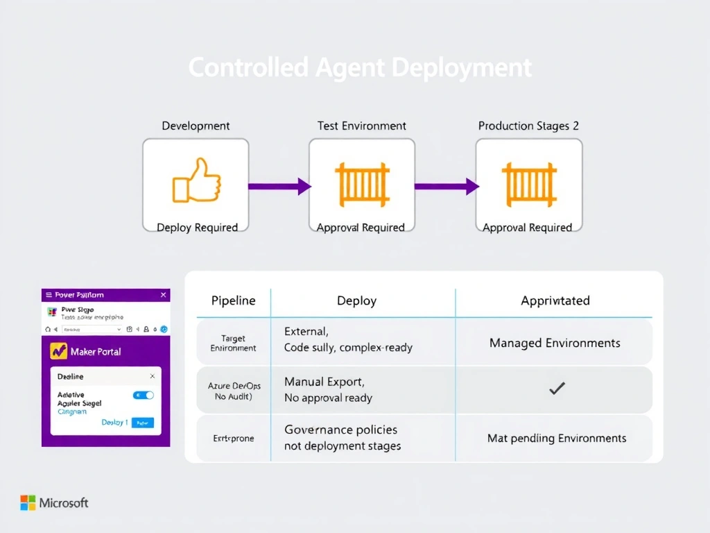 Portrait infographic 1536x2048. Title: 'Power Platform Pipelines — Controlled Agent Deployment'. Top: a horizontal flow diagram with three boxes labeled 'Development Environment', 'Test Environment', 'Production Environment'. Between each box: an orange gate icon labeled 'Approval Required' with a thumbs-up symbol. Arrows labeled 'Deploy Stage 1' and 'Deploy Stage 2' connect the boxes. Middle left: a sidebar showing the Pipeline configuration panel — Stage Name, Target Environment, Approval settings (toggle on/off). Middle right: an icon of the Maker Portal with a large 'Deploy' button and a status bar showing 'Pending Approval'. Bottom: a comparison table with four rows — Power Platform Pipelines (native, low-code, approval-ready), Azure DevOps (external, code-heavy, complex setup), Manual Export (no audit, no approvals, error-prone), Managed Environments (governance policies, not deployment stages). Microsoft Power Platform branding colors (purple and white). Clean, labeled diagram.