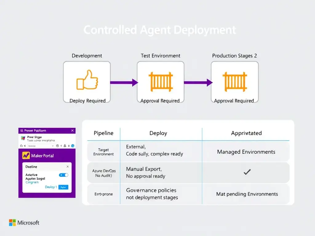 Portrait infographic 1536x2048. Title: 'Power Platform Pipelines — Controlled Agent Deployment'. Top: a horizontal flow diagram with three boxes labeled 'Development Environment', 'Test Environment', 'Production Environment'. Between each box: an orange gate icon labeled 'Approval Required' with a thumbs-up symbol. Arrows labeled 'Deploy Stage 1' and 'Deploy Stage 2' connect the boxes. Middle left: a sidebar showing the Pipeline configuration panel — Stage Name, Target Environment, Approval settings (toggle on/off). Middle right: an icon of the Maker Portal with a large 'Deploy' button and a status bar showing 'Pending Approval'. Bottom: a comparison table with four rows — Power Platform Pipelines (native, low-code, approval-ready), Azure DevOps (external, code-heavy, complex setup), Manual Export (no audit, no approvals, error-prone), Managed Environments (governance policies, not deployment stages). Microsoft Power Platform branding colors (purple and white). Clean, labeled diagram.