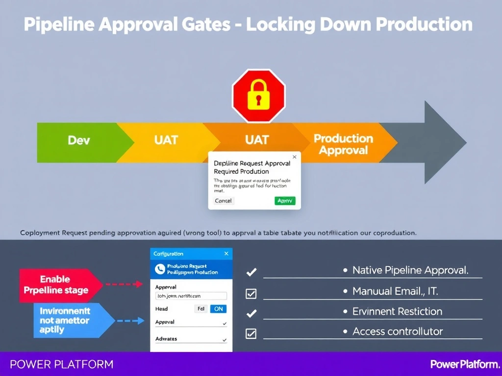 Portrait infographic 1536x2048. Title: 'Pipeline Approval Gates — Locking Down Production'. Top: three stage boxes in sequence — 'Dev' (green, deployed), 'UAT' (yellow, deployed), 'Production' (orange, locked with padlock icon). Above the Production box: a red stop sign labeled 'Pre-Deployment Approval Required'. Middle: an email mockup showing 'Deployment Request Pending Approval for Production' with Approve (green) and Reject (red) buttons and the approver's name shown. Below that: a pipeline configuration UI panel showing the Production stage settings — toggle labeled 'Enable Pre-Deployment Approval' set to ON, approver field showing 'Head of IT — john@northwind.com'. Bottom: a comparison table — 'Native Pipeline Approval' (correct), 'DLP Policy' (wrong tool), 'Manual Email' (not automated), 'Environment Restriction' (access control, not approval). Power Platform purple branding. Clean, labeled arrows showing the approval notification flow.