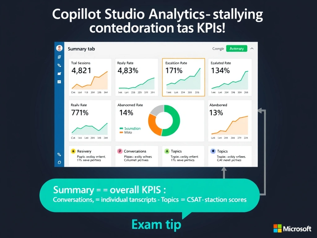 Portrait infographic 1536x2048. Title: 'Copilot Studio Analytics — Summary Tab KPIs'. Top: a Copilot Studio Analytics dashboard mockup showing the Summary tab active with four large KPI tiles: (1) Total Sessions: 4,821, (2) Resolution Rate: 73%, (3) Escalation Rate: 14%, (4) Abandonment Rate: 13%. Each tile has a sparkline trend graph below the number. Middle: a donut chart showing the breakdown of all conversation outcomes — Resolved (green, 73%), Escalated (orange, 14%), Abandoned (gray, 13%). Below: a four-tab navigation row showing Summary, Conversations, Topics, and Customer Satisfaction, each with a one-line description of what it contains. Summary tab highlighted. Bottom: exam tip box: 'Summary = overall KPIs | Conversations = individual transcripts | Topics = per-topic | CSAT = satisfaction scores'. Clean Microsoft Copilot Studio blue and teal color scheme.
