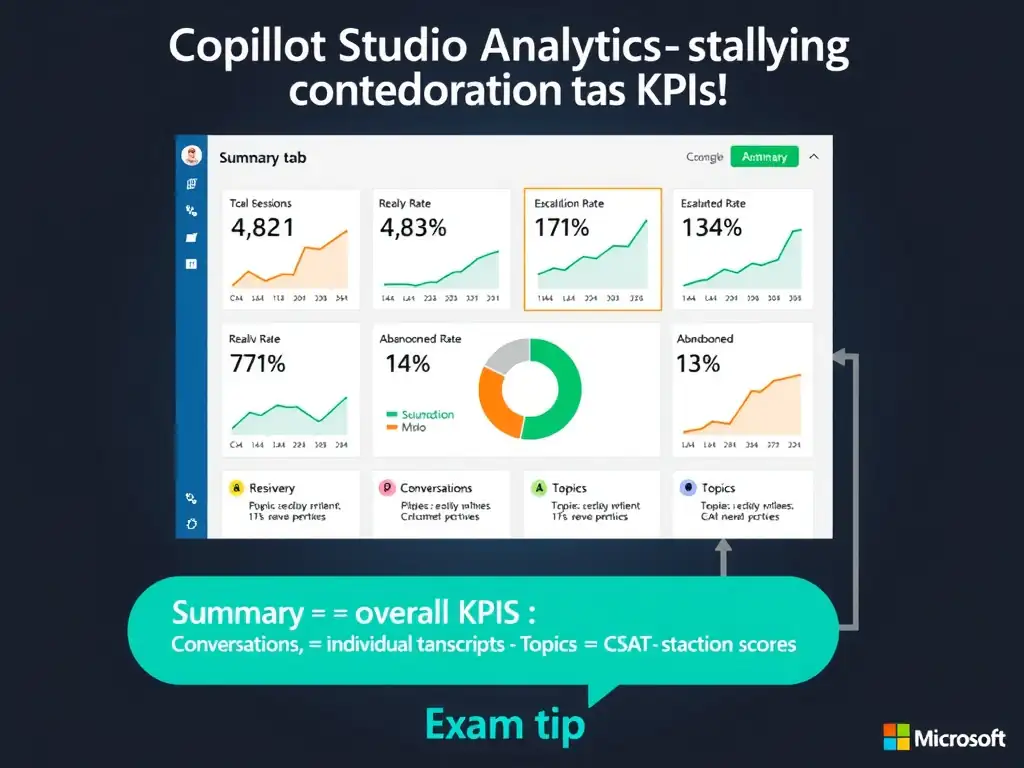 Portrait infographic 1536x2048. Title: 'Copilot Studio Analytics — Summary Tab KPIs'. Top: a Copilot Studio Analytics dashboard mockup showing the Summary tab active with four large KPI tiles: (1) Total Sessions: 4,821, (2) Resolution Rate: 73%, (3) Escalation Rate: 14%, (4) Abandonment Rate: 13%. Each tile has a sparkline trend graph below the number. Middle: a donut chart showing the breakdown of all conversation outcomes — Resolved (green, 73%), Escalated (orange, 14%), Abandoned (gray, 13%). Below: a four-tab navigation row showing Summary, Conversations, Topics, and Customer Satisfaction, each with a one-line description of what it contains. Summary tab highlighted. Bottom: exam tip box: 'Summary = overall KPIs | Conversations = individual transcripts | Topics = per-topic | CSAT = satisfaction scores'. Clean Microsoft Copilot Studio blue and teal color scheme.