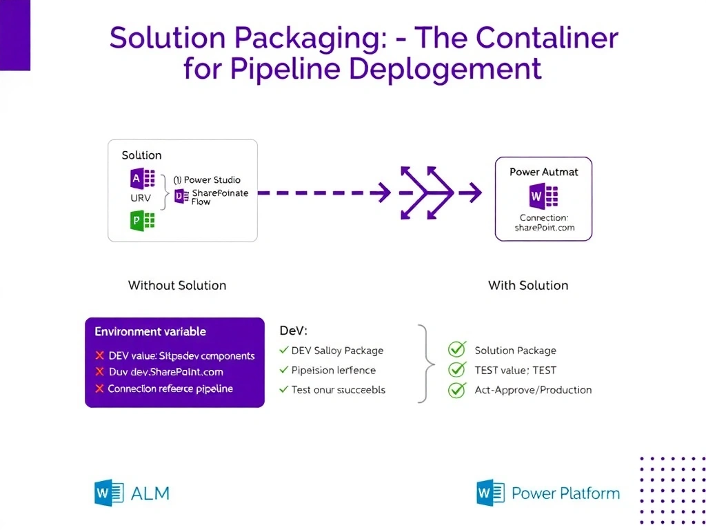 Portrait infographic 1536x2048. Title: 'Solution Packaging — The Container for Pipeline Deployment'. Top: a large box labeled 'Solution' with four items inside it shown as icons with labels: (1) Copilot Studio Agent, (2) Power Automate Flow, (3) Environment Variable (SharePoint URL), (4) Connection Reference (SharePoint). An arrow labeled 'Power Platform Pipeline' points from the Development environment box to the Test environment box on the right, with the solution container traveling along the arrow. Middle: a before/after split — Left 'Without Solution': four separate arrows failing to connect components to Test (red X errors). Right 'With Solution': single container arrow succeeding (green checkmarks). Below: an environment variable configuration panel showing 'DEV value: https://dev.sharepoint.com' → 'TEST value: https://test.sharepoint.com' — illustrating per-environment value override. Bottom: ALM flow diagram showing Dev → Solution Package → Pipeline → Test → Approve → Production. Power Platform purple and white styling.