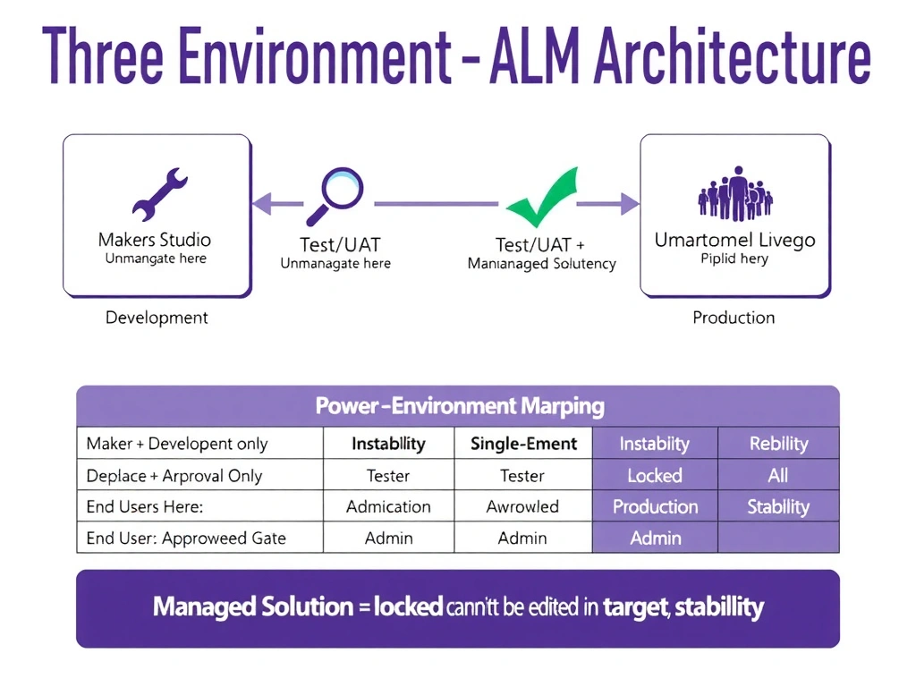 Portrait infographic 1536x2048. Title: 'Three-Environment ALM Architecture for Copilot Studio'. Top: three large environment boxes arranged left to right with labels and icons: (1) Development — wrench icon, label 'Makers Build Here | Unmanaged Solutions | High change frequency'; (2) Test/UAT — magnifying glass icon, label 'Testers Validate Here | Managed Solutions | No direct maker edits'; (3) Production — users/people icon, label 'End Users Here | Managed Solutions | Approved and stable'. Between each pair: an arrow labeled 'Pipeline Deploy + Approval Gate' with a green check mark. Middle: a persona-to-environment mapping table — Maker → Development only, Tester → Test only, End User → Production only, Admin → All (read-only audit). Below: a comparison table showing single-environment problems (instability, role conflicts) vs three-environment benefits (isolation, audit, stability). Bottom: 'Managed Solution = locked, cannot be edited in target environment'. Power Platform purple and green styling.