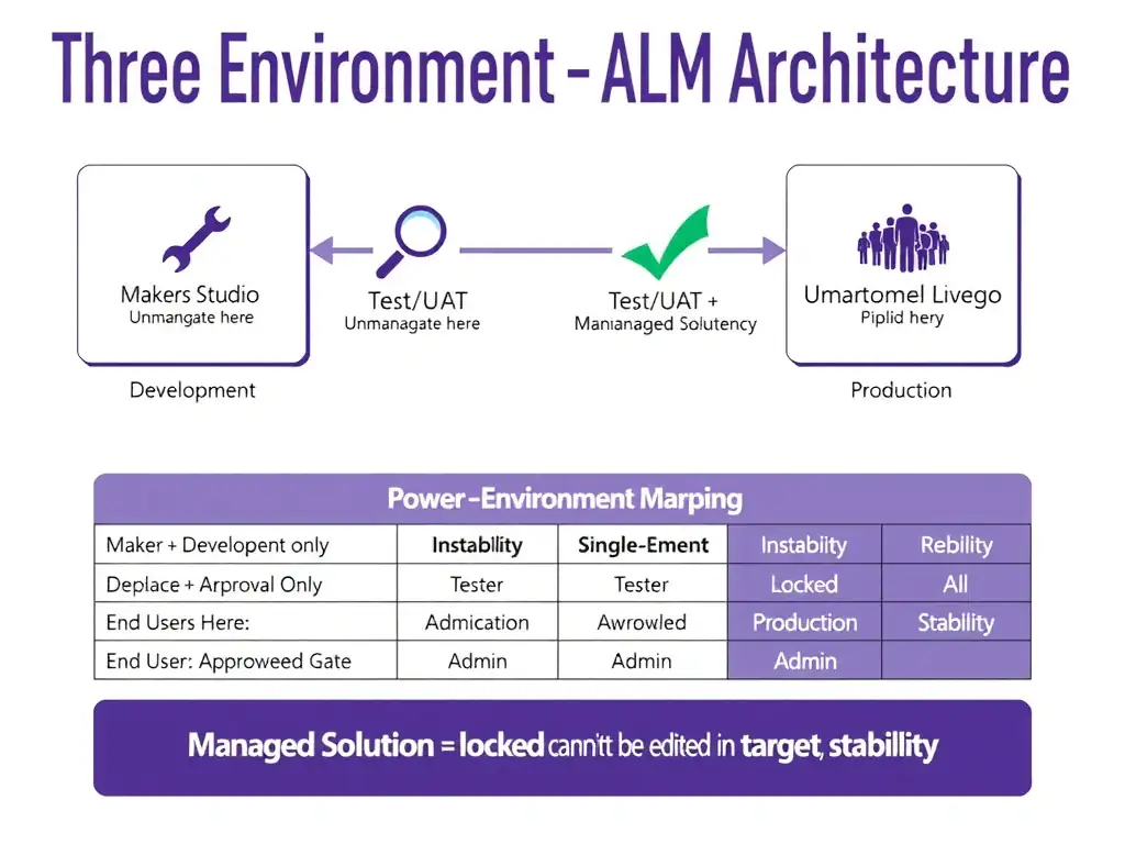 Portrait infographic 1536x2048. Title: 'Three-Environment ALM Architecture for Copilot Studio'. Top: three large environment boxes arranged left to right with labels and icons: (1) Development — wrench icon, label 'Makers Build Here | Unmanaged Solutions | High change frequency'; (2) Test/UAT — magnifying glass icon, label 'Testers Validate Here | Managed Solutions | No direct maker edits'; (3) Production — users/people icon, label 'End Users Here | Managed Solutions | Approved and stable'. Between each pair: an arrow labeled 'Pipeline Deploy + Approval Gate' with a green check mark. Middle: a persona-to-environment mapping table — Maker → Development only, Tester → Test only, End User → Production only, Admin → All (read-only audit). Below: a comparison table showing single-environment problems (instability, role conflicts) vs three-environment benefits (isolation, audit, stability). Bottom: 'Managed Solution = locked, cannot be edited in target environment'. Power Platform purple and green styling.