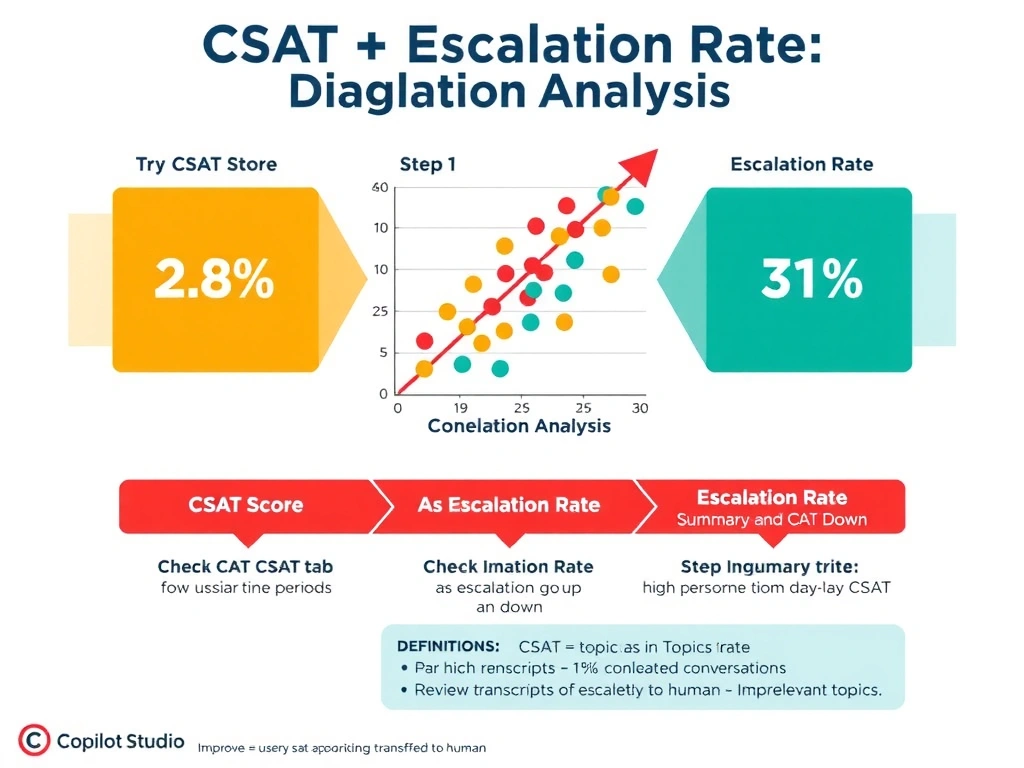 Portrait infographic 1536x2048. Title: 'CSAT + Escalation Rate — Diagnosing User Dissatisfaction'. Top: two large metric tiles side by side — Left: 'CSAT Score' showing a 2.8 out of 5 star rating with a downward red trend arrow; Right: 'Escalation Rate' showing 31% with an upward red trend arrow. A bidirectional arrow between them labeled 'Correlation Analysis'. Middle: a scatter plot with CSAT score on the Y-axis and Escalation Rate on the X-axis showing a negative correlation (as escalation goes up, CSAT goes down) with individual topic dots plotted. 'Loan Application' and 'Rate Inquiry' topics highlighted as outliers with high escalation and low CSAT. Below: a step-by-step diagnostic workflow: Step 1 — Check CSAT tab for low-scoring time periods → Step 2 — Check Escalation Rate in Summary tab → Step 3 — Cross-reference in Topics tab to find which topics drive escalations → Step 4 — Review transcripts of escalated conversations → Step 5 — Improve relevant topics. Bottom: definitions box: 'CSAT = user satisfaction rating after conversation | Escalation Rate = % of conversations transferred to human'. Copilot Studio blue and red/green styling.