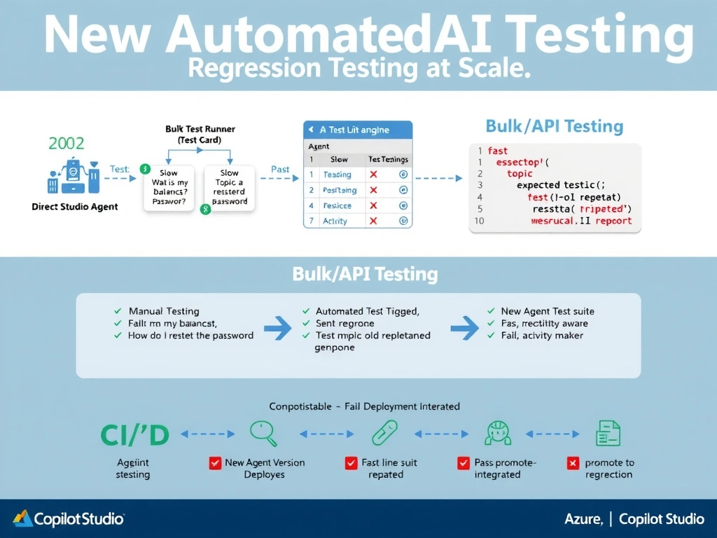 Portrait infographic 1536x2048. Title: 'Automated AI Testing — Regression Testing at Scale'. Top: a flow diagram showing 200 test utterance cards feeding into an automation engine (labeled 'Bulk Test Runner / Direct Line API'), which sends them to the Copilot Studio Agent, receives responses, and feeds results into a Test Report with green checkmarks and red X marks. Middle left: a Copilot Studio Test Set panel showing a list of utterances — 'What is my balance?', 'How do I reset my password?', etc. — each with an Expected Topic column and an Actual Topic column, color-coded pass/fail. Middle right: a code snippet showing a Direct Line API POST request sending a message to the agent and parsing the activity response. Below: a comparison table — Manual Testing (slow, inconsistent, does not scale), Bulk/API Testing (fast, repeatable, regression-aware, deployment-integrated). Bottom: a CI/CD pipeline diagram: New Agent Version Deployed → Automated Test Suite Triggered → Test Report Generated → Pass: promote to Production | Fail: alert maker. Azure/Copilot Studio blue and green styling with red regression alert highlights.