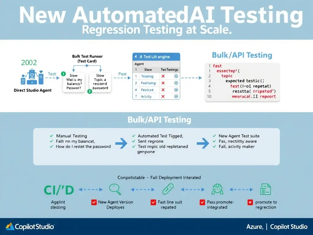 Portrait infographic 1536x2048. Title: 'Automated AI Testing — Regression Testing at Scale'. Top: a flow diagram showing 200 test utterance cards feeding into an automation engine (labeled 'Bulk Test Runner / Direct Line API'), which sends them to the Copilot Studio Agent, receives responses, and feeds results into a Test Report with green checkmarks and red X marks. Middle left: a Copilot Studio Test Set panel showing a list of utterances — 'What is my balance?', 'How do I reset my password?', etc. — each with an Expected Topic column and an Actual Topic column, color-coded pass/fail. Middle right: a code snippet showing a Direct Line API POST request sending a message to the agent and parsing the activity response. Below: a comparison table — Manual Testing (slow, inconsistent, does not scale), Bulk/API Testing (fast, repeatable, regression-aware, deployment-integrated). Bottom: a CI/CD pipeline diagram: New Agent Version Deployed → Automated Test Suite Triggered → Test Report Generated → Pass: promote to Production | Fail: alert maker. Azure/Copilot Studio blue and green styling with red regression alert highlights.