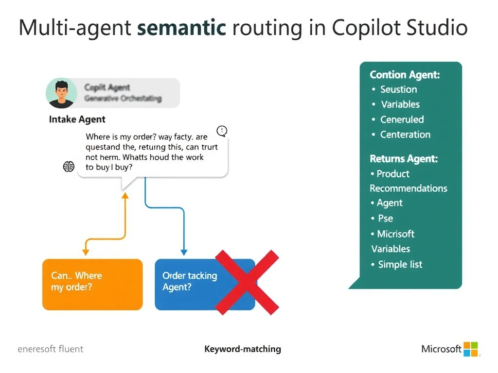 Portrait infographic (1536x2048) showing multi-agent semantic routing in Copilot Studio. Top section: a customer chat bubble with a varied set of questions in different phrasings (e.g., 'Where is my order?', 'Can I return this?', 'What should I buy?') flowing into an 'Intake Agent' box with a brain/AI icon labeled 'Generative Orchestration'. Three arrows branch downward to three color-coded agent boxes: 'Returns Agent' (orange), 'Order Tracking Agent' (blue), 'Product Recommendations Agent' (green). A sidebar shows 'Conversation Variables' being passed along each arrow. A contrast section at the bottom shows a red X over a keyword-matching approach with a simple list. Clean enterprise infographic style, Microsoft Fluent colors, white background.