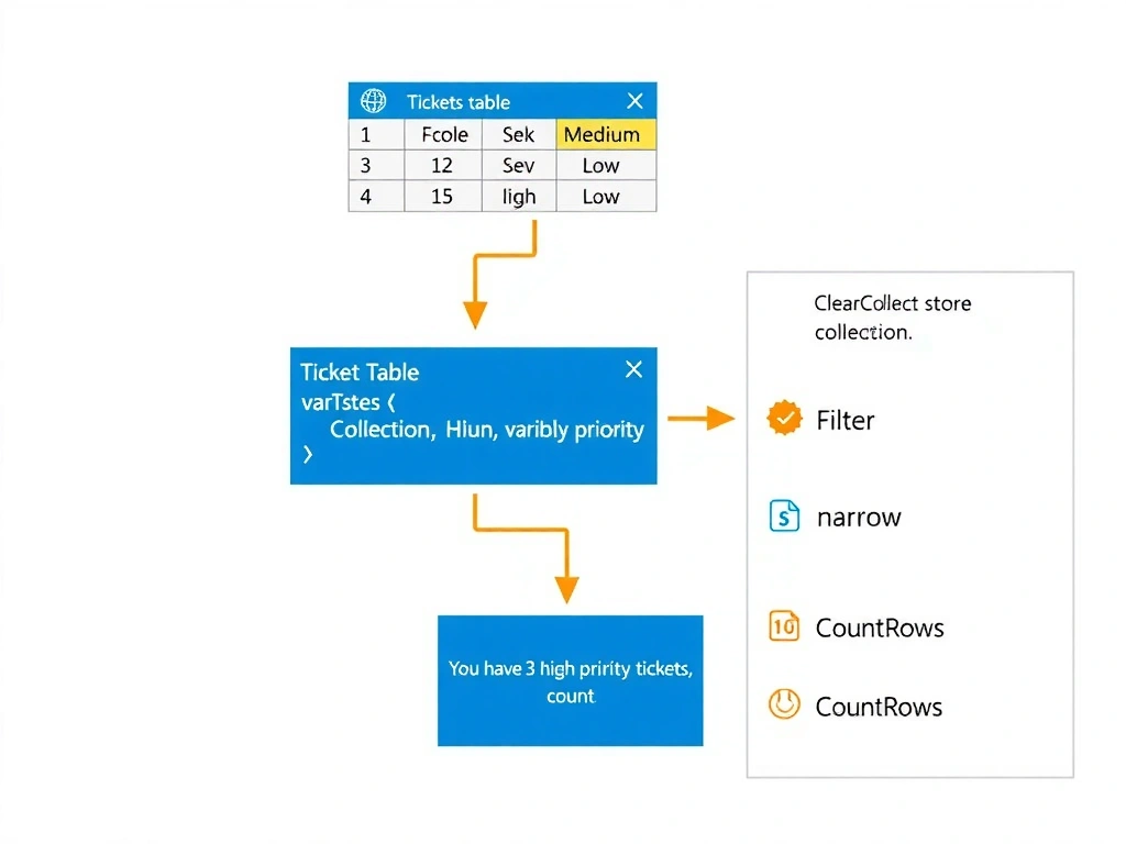 Portrait infographic (1536x2048) illustrating Power Fx operations in a Copilot Studio agent topic. Top section shows a Dataverse table icon labeled 'Tickets Table' with sample rows showing Priority values (High, Medium, Low). An arrow leads to a code block showing the ClearCollect and Filter expression in a variable assignment node. A second arrow leads to a collection icon labeled 'varTickets' showing only the High-priority rows. A third arrow leads to a message node showing 'You have 3 high-priority tickets.' Side panel lists the three functions: ClearCollect (store), Filter (narrow), CountRows (count) with icons. Color scheme: Microsoft blue and gold on white background. Clean technical diagram style.