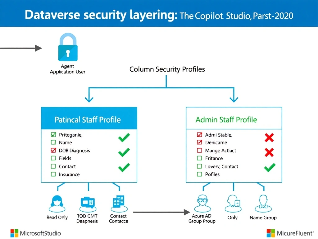 Portrait infographic (1536x2048) showing Dataverse security layering for a Copilot Studio agent. Top section: 'Agent Application User' icon connected by arrow to 'Patient Table' with a lock icon showing 'Read Only' privilege. Middle section: a split diagram showing two Column Security Profiles — left panel 'Clinical Staff Profile' with a green checkmark next to all demographic fields (Name, DOB, Diagnosis, Contact, Insurance), right panel 'Admin Staff Profile' with checkmarks only next to Name and Contact fields, red X on other fields. Bottom section shows Azure AD group icons mapping to each profile. Color scheme: healthcare blue and white with Microsoft Fluent accents. Clean enterprise security diagram style.