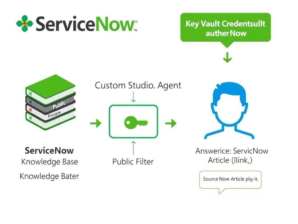 Portrait infographic (1536x2048) showing ServiceNow knowledge integration with Copilot Studio. Left column: 'ServiceNow Knowledge Base' icon with stacked article cards labeled 'Public' (green) and 'Private' (grey with X). Center: a 'Custom Connector' box with a key icon representing key vault authentication and an arrow labeled 'Public Filter' pointing to ServiceNow. Right column: 'Copilot Studio Agent' with a knowledge source plug-in icon and a chat bubble showing an answer with a 'Source: ServiceNow Article [link]' citation. Top annotation: 'Key Vault Credentials' feeding into the Custom Connector auth section. Color scheme: ServiceNow green and Microsoft blue on white. Clean enterprise integration diagram.
