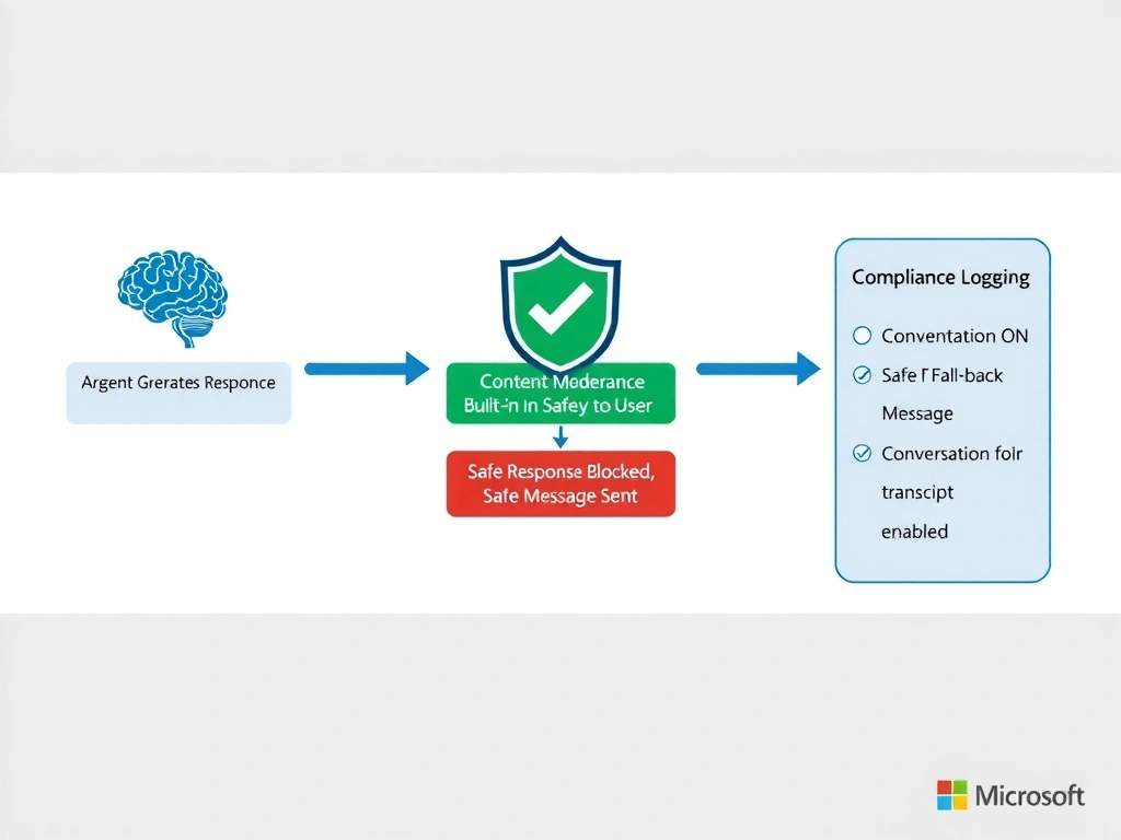 Portrait infographic (1536x2048) showing a responsible AI governance pipeline in Copilot Studio. Three horizontal stages connected by arrows: Stage 1 'Agent Generates Response' (brain icon), Stage 2 'Content Moderation Filter' (shield icon with checkmark, labeled 'Built-in Azure AI Safety') showing a branching path — green path 'Safe Response Delivered to User' and red path 'Flagged Response Blocked, Safe Message Sent', Stage 3 'Compliance Logging' (Dataverse icon with conversation transcript records). Side panel lists: Content Moderation ON, Safe Fallback Message configured, Conversation Transcripts enabled. Color scheme: Microsoft compliance blue and safety green on white background. Clean governance framework diagram style.
