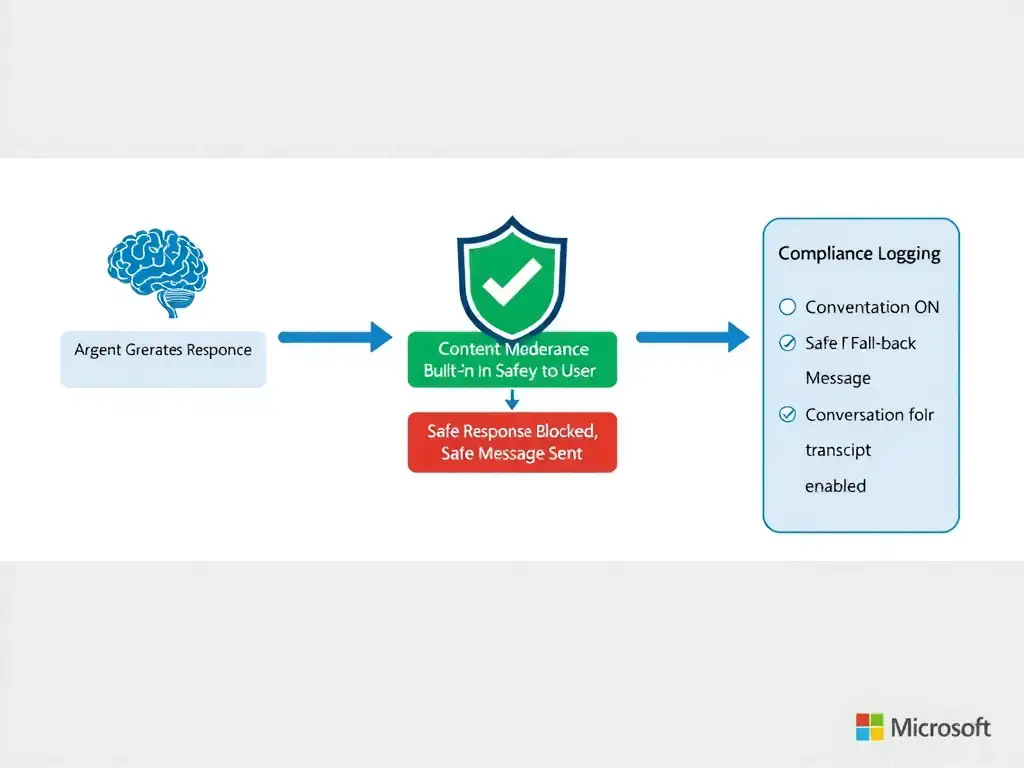Portrait infographic (1536x2048) showing a responsible AI governance pipeline in Copilot Studio. Three horizontal stages connected by arrows: Stage 1 'Agent Generates Response' (brain icon), Stage 2 'Content Moderation Filter' (shield icon with checkmark, labeled 'Built-in Azure AI Safety') showing a branching path — green path 'Safe Response Delivered to User' and red path 'Flagged Response Blocked, Safe Message Sent', Stage 3 'Compliance Logging' (Dataverse icon with conversation transcript records). Side panel lists: Content Moderation ON, Safe Fallback Message configured, Conversation Transcripts enabled. Color scheme: Microsoft compliance blue and safety green on white background. Clean governance framework diagram style.