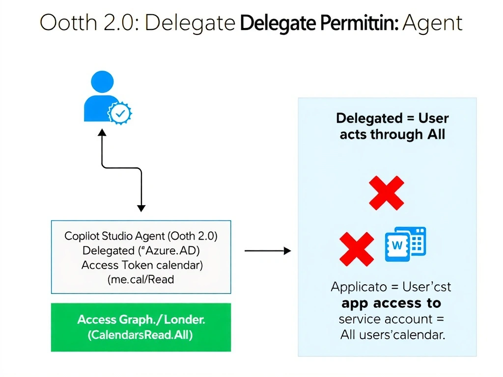 Portrait infographic (1536x2048) showing OAuth 2.0 delegated permission flow for a Copilot Studio Teams agent. Top: Teams user icon with identity badge. Flow diagram: User identity flows into 'Copilot Studio Agent (OAuth 2.0 Delegated)' box, which requests an 'Access Token (Calendars.Read)' from Azure AD, then calls Microsoft Graph /me/calendar endpoint. Result: only the user's own calendar events returned. Contrast panel on the right shows a red X over application permissions (Calendars.Read.All) with a service account icon accessing all users' calendars. Side callout: 'Delegated = User acts through app' vs 'Application = App acts alone'. Color scheme: Microsoft identity blue and green on white. Clean technical flow diagram.