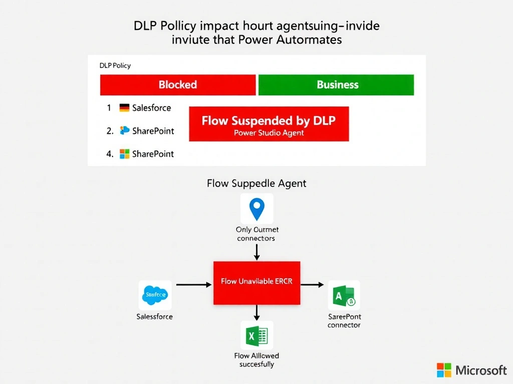 Portrait infographic (1536x2048) illustrating DLP policy impact on a Copilot Studio agent-invoked Power Automate flow. Top section: DLP Policy table showing 'Salesforce' in red Blocked column, 'SharePoint' in green Business column. Center: Power Automate flow diagram with both Salesforce and SharePoint connector icons — a red suspension banner across the entire flow labeled 'Flow Suspended by DLP'. Arrow from 'Copilot Studio Agent' to the suspended flow with an error icon and message 'Flow Unavailable Error'. Bottom: contrast showing a compliant flow with only SharePoint connector running successfully. Color scheme: red for blocked, green for allowed, Microsoft blue for agent elements. Clean compliance diagram style.