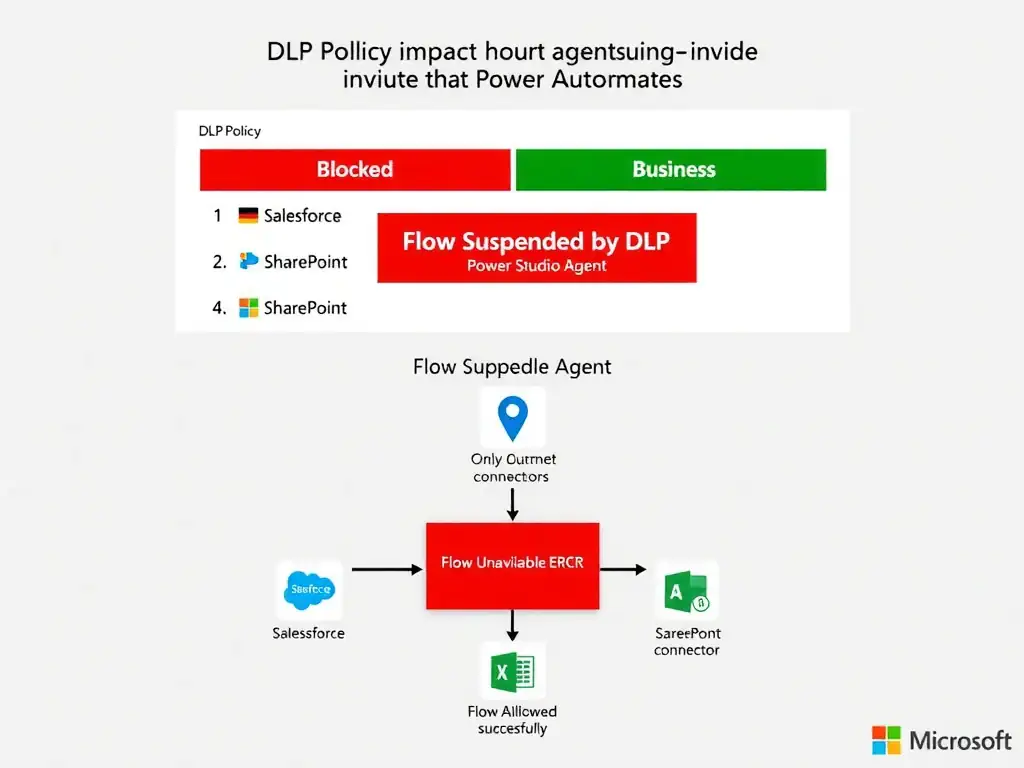 Portrait infographic (1536x2048) illustrating DLP policy impact on a Copilot Studio agent-invoked Power Automate flow. Top section: DLP Policy table showing 'Salesforce' in red Blocked column, 'SharePoint' in green Business column. Center: Power Automate flow diagram with both Salesforce and SharePoint connector icons — a red suspension banner across the entire flow labeled 'Flow Suspended by DLP'. Arrow from 'Copilot Studio Agent' to the suspended flow with an error icon and message 'Flow Unavailable Error'. Bottom: contrast showing a compliant flow with only SharePoint connector running successfully. Color scheme: red for blocked, green for allowed, Microsoft blue for agent elements. Clean compliance diagram style.