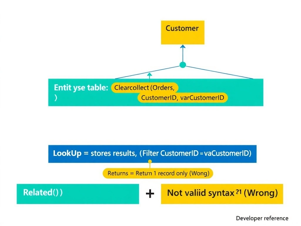 Portrait infographic (1536x2048) showing Dataverse one-to-many relationship traversal in Power Fx. Top: entity relationship diagram showing 'Customer' table (AccountID as primary key) connected by a relationship arrow to 'Orders' table (CustomerID as foreign key, multiple rows shown). Center: a Power Fx expression block showing ClearCollect(varOrders, Filter(Orders, CustomerID = varCustomerID)) with color-coded annotations — ClearCollect (blue: stores results), Filter (green: matches records), CustomerID = varCustomerID (gold: foreign key match). Bottom: two contrast examples — LookUp labeled 'Returns 1 record only (Wrong)' and Related() labeled 'Not valid syntax (Wrong)'. Clean developer reference diagram style, Microsoft Fluent colors on white.