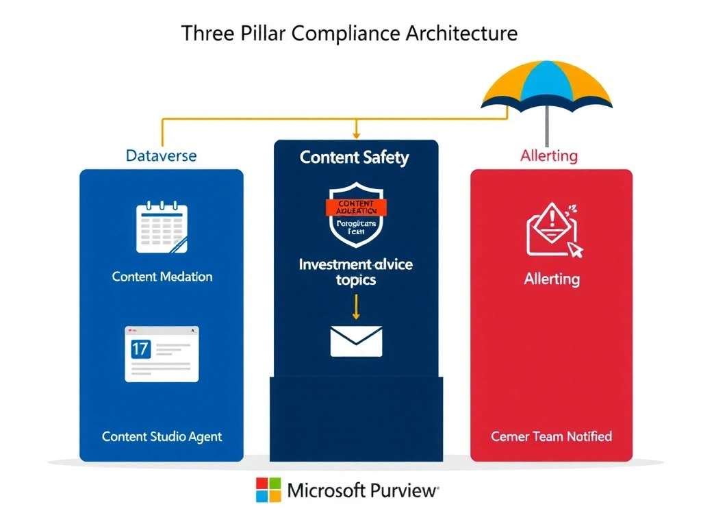 Portrait infographic (1536x2048) showing a three-pillar compliance architecture for Copilot Studio. Three tall columns side by side: Column 1 'Retention' — Dataverse icon with conversation transcript rows and a 7-year calendar icon. Column 2 'Content Safety' — shield icon with Content Moderation settings panel, showing investment-advice topics blocked with a red warning. Column 3 'Alerting' — Power Automate flow icon connected to an email notification icon with 'Compliance Team Notified' label. Connecting all three at the top: 'Copilot Studio Agent' with a regulatory badge. Bottom: Microsoft Purview icon with a governance umbrella over all three columns. Color scheme: compliance navy blue, safety red, and alert amber on white. Professional regulatory compliance diagram style.