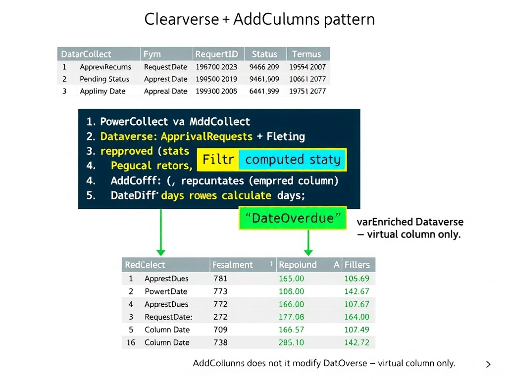 Portrait infographic (1536x2048) illustrating Power Fx AddColumns pattern in Copilot Studio. Top: a Dataverse 'ApprovalRequests' table with columns (RequestID, Status, RequestDate) and sample rows showing Pending and Approved records. Center: a code block showing the complete ClearCollect + AddColumns + Filter expression with color-coded annotation — Filter (yellow: narrows records), AddColumns (blue: adds computed column), DateDiff (green: calculates days). Bottom: resulting 'varEnrichedRequests' collection showing the same rows but with a new 'DaysOverdue' column populated with calculated values. Side note: 'AddColumns does not modify Dataverse — virtual column only.' Microsoft Fluent colors on white. Clean developer reference diagram.
