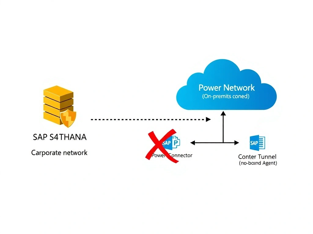 Portrait infographic (1536x2048) showing on-premises SAP integration with Copilot Studio via data gateway. Left column: 'Corporate Network' with SAP S/4HANA server icon and on-premises data gateway agent icon with a shield. Center: a dotted corporate firewall line. Right column: Power Platform cloud showing Custom Connector → Power Automate Flow → Copilot Studio Agent icons connected in sequence. A bi-directional arrow between the on-premises data gateway and the custom connector crosses the firewall line labeled 'Secure Gateway Tunnel (no inbound ports)'. A red X over a direct arrow from SAP to the internet. Color scheme: SAP gold, Microsoft blue, gateway green on white. Clean enterprise integration diagram.