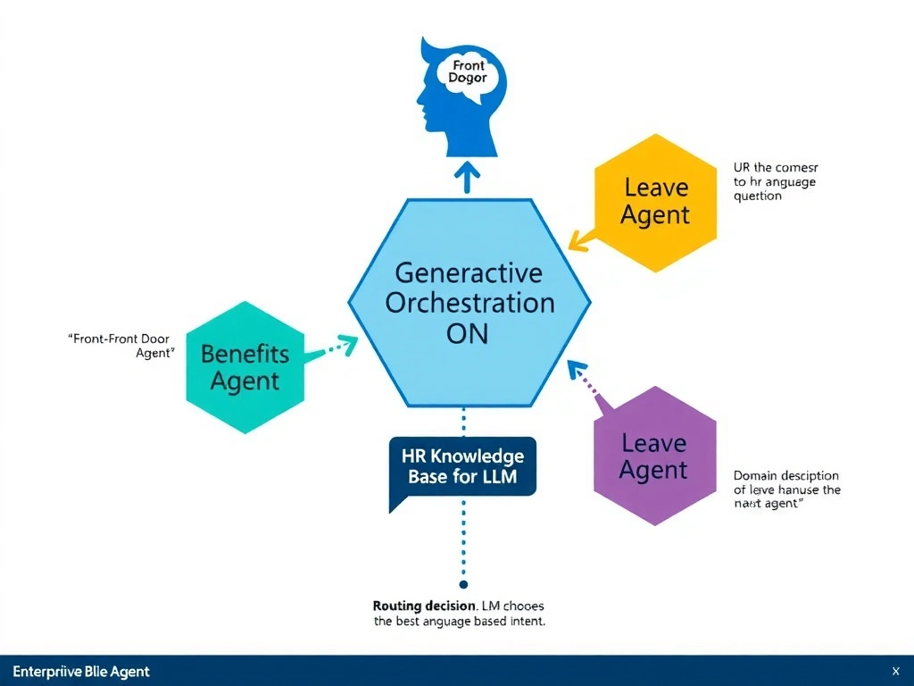 Portrait infographic (1536x2048) showing a multi-agent hub-and-spoke architecture for HR. Center: 'Front-Door Agent' hexagon with 'Generative Orchestration ON' label and brain icon. Three arrows radiate outward to 'Benefits Agent' (teal), 'Payroll Agent' (gold), 'Leave Agent' (purple) hexagons, each with a domain description callout. Below the front-door agent: an 'HR Knowledge Base' icon with 'Fallback Answers' label connected by a dashed line. A customer/employee icon at the top sends a chat bubble with a natural language question. A routing decision annotation shows the LLM choosing the best agent based on intent. Color scheme: Microsoft blue hub, colorful spokes on white background. Clean enterprise architecture diagram.
