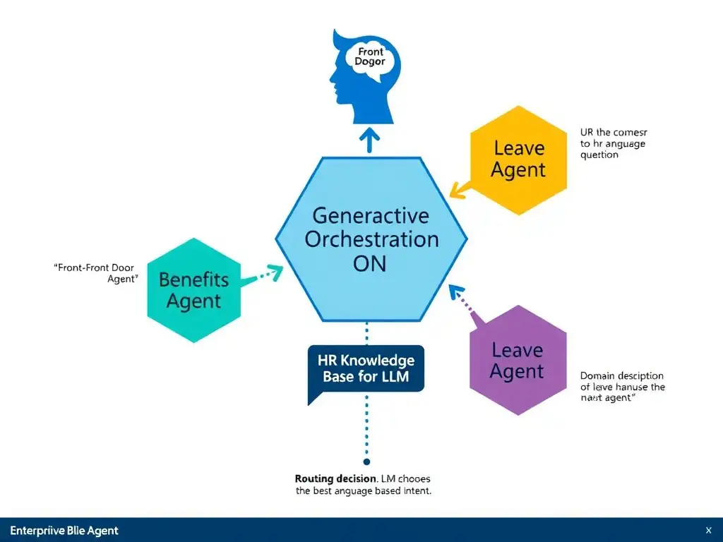 Portrait infographic (1536x2048) showing a multi-agent hub-and-spoke architecture for HR. Center: 'Front-Door Agent' hexagon with 'Generative Orchestration ON' label and brain icon. Three arrows radiate outward to 'Benefits Agent' (teal), 'Payroll Agent' (gold), 'Leave Agent' (purple) hexagons, each with a domain description callout. Below the front-door agent: an 'HR Knowledge Base' icon with 'Fallback Answers' label connected by a dashed line. A customer/employee icon at the top sends a chat bubble with a natural language question. A routing decision annotation shows the LLM choosing the best agent based on intent. Color scheme: Microsoft blue hub, colorful spokes on white background. Clean enterprise architecture diagram.